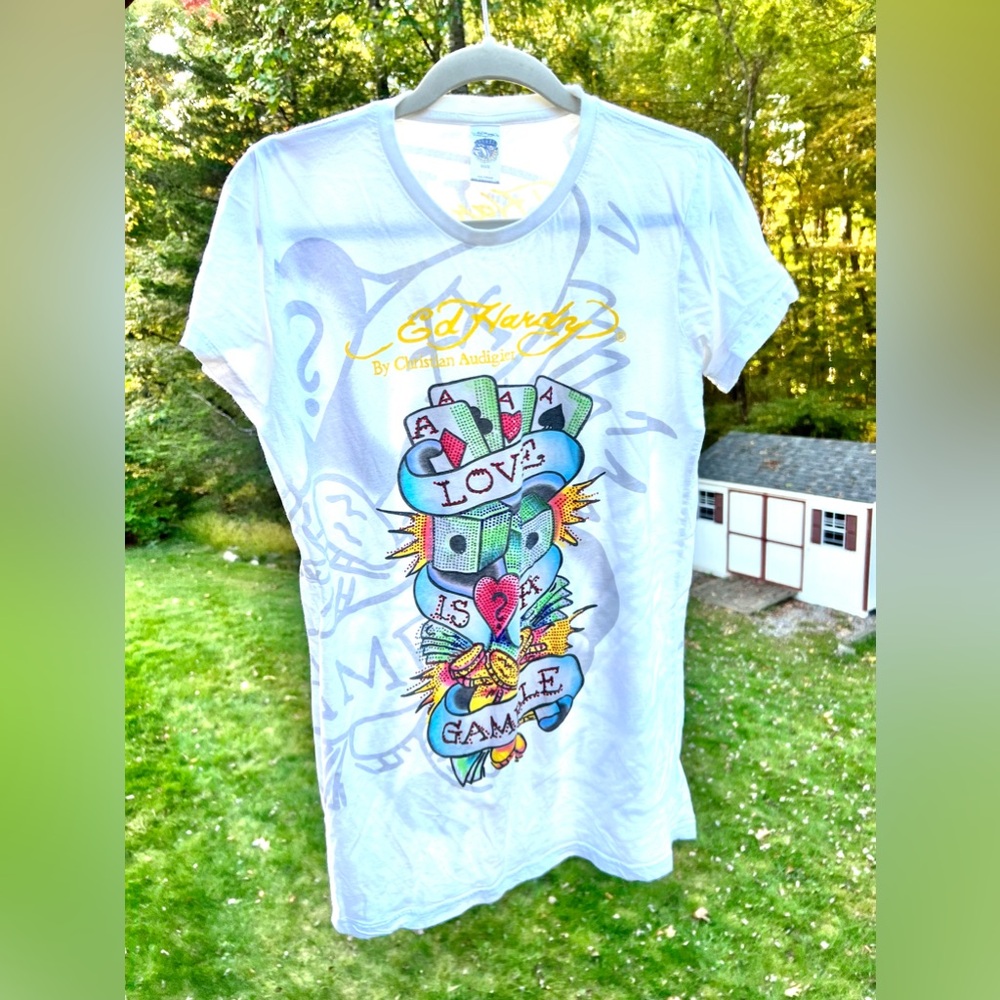 Gorgeous Ed Hardy by Christian Audigier “Love is a Gamble” White/gemston…